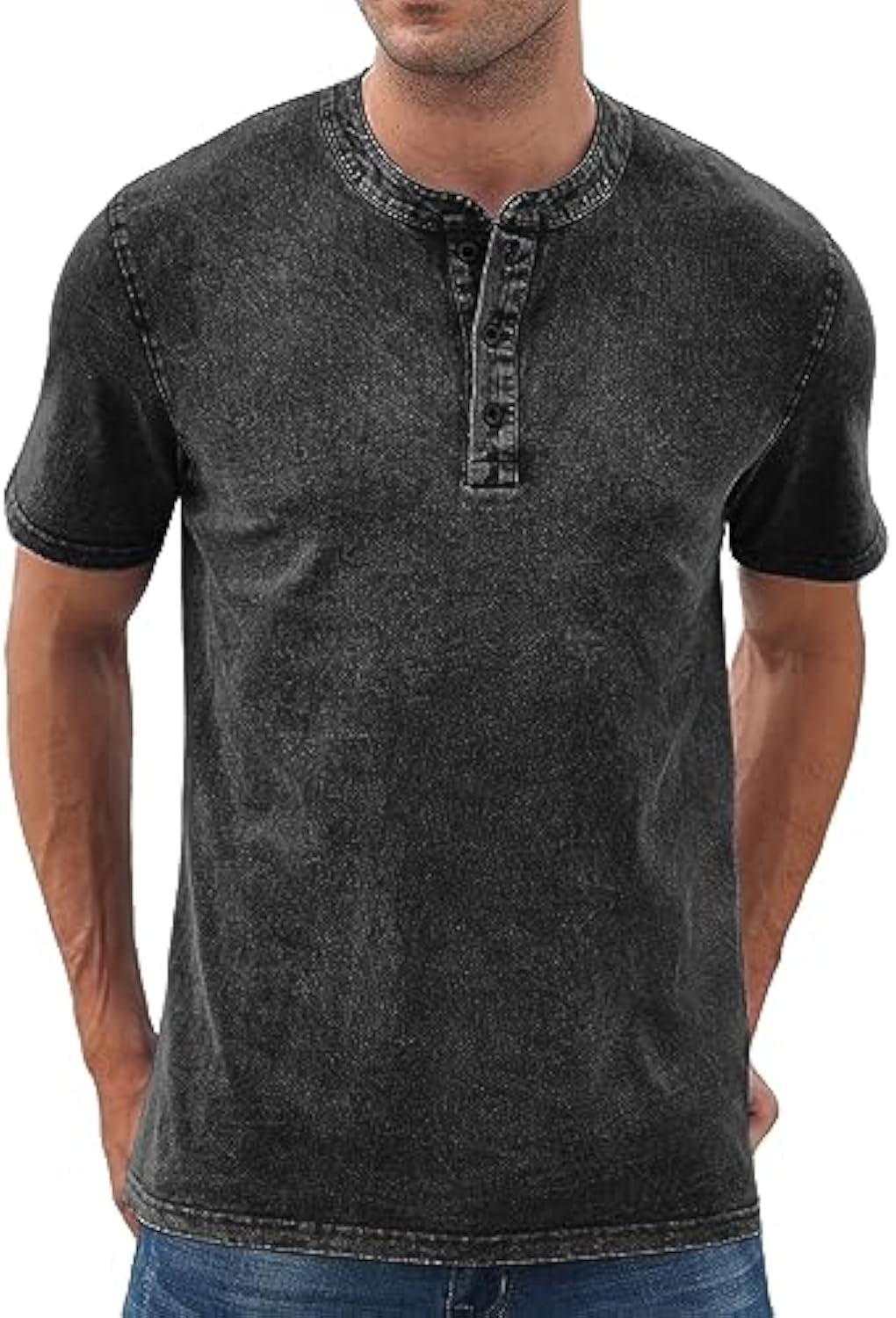 Mens Distressed Henley Shirts Retro Short Sleeve Cotton Tee Shirts Casual Button Down Washed T-Shirts