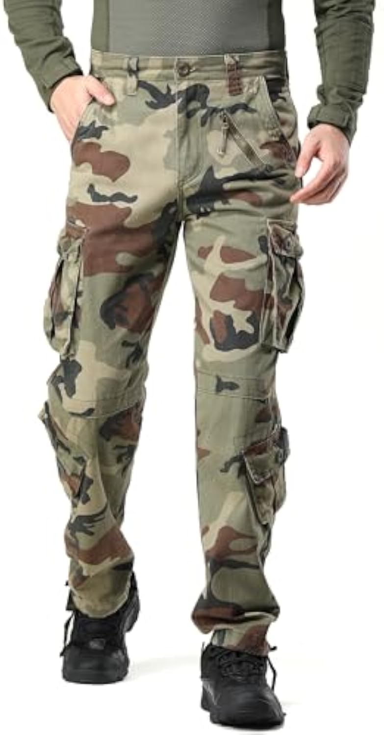 Men's Camo BDU Cargo Tactical Ripstop Casual Lightweight Baggy Combat 100% Cotton Pants with 8 Pockets(No Belt)