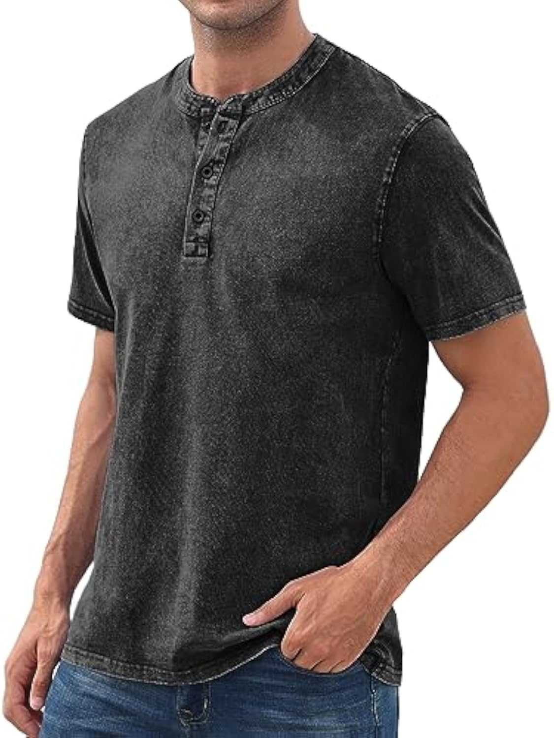 Mens Distressed Henley Shirts Retro Short Sleeve Cotton Tee Shirts Casual Button Down Washed T-Shirts