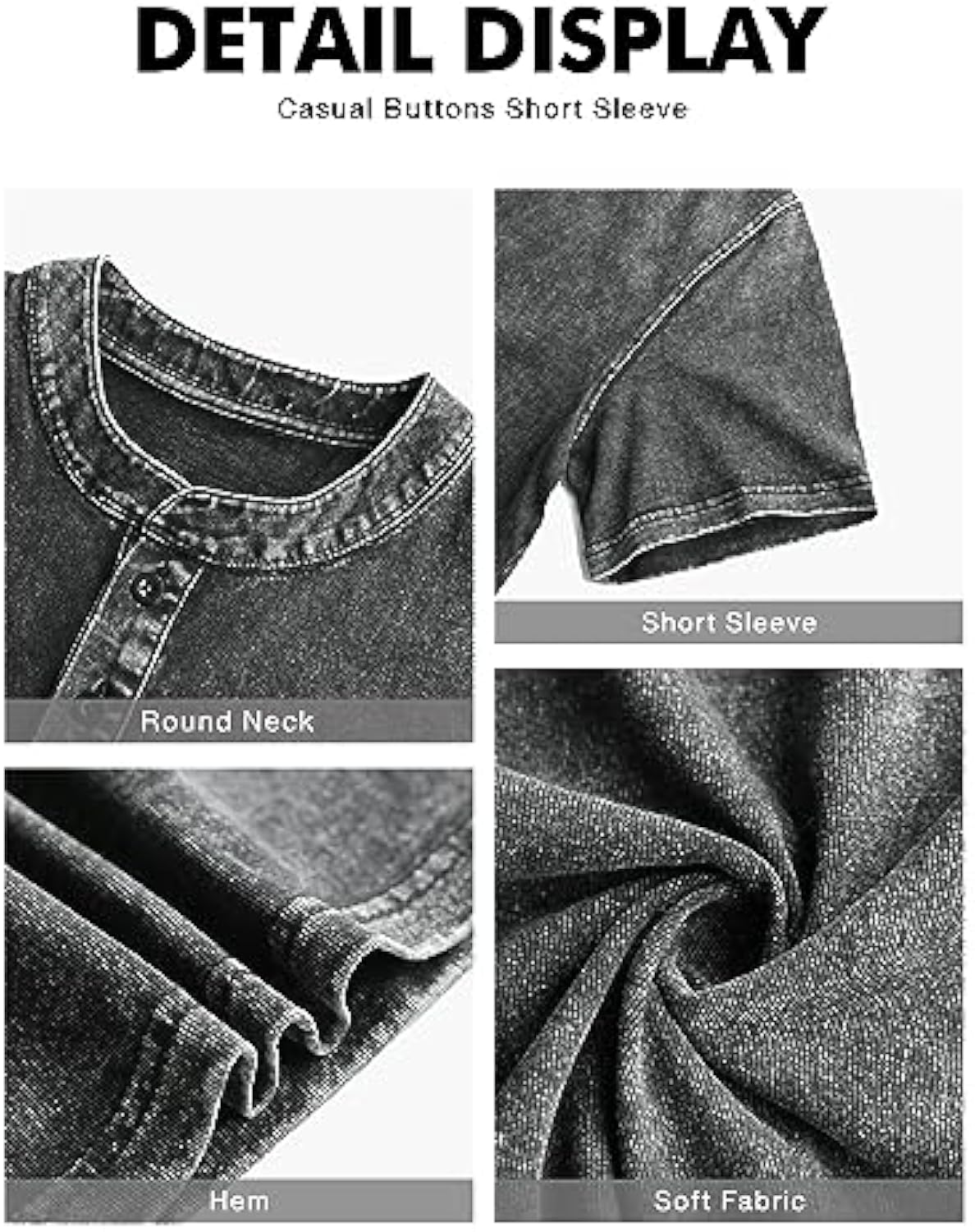 Mens Distressed Henley Shirts Retro Short Sleeve Cotton Tee Shirts Casual Button Down Washed T-Shirts