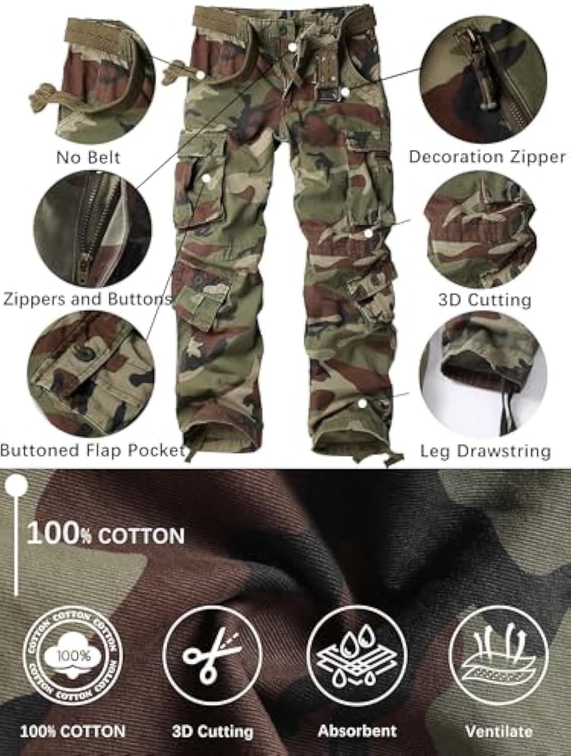 Men's Camo BDU Cargo Tactical Ripstop Casual Lightweight Baggy Combat 100% Cotton Pants with 8 Pockets(No Belt)