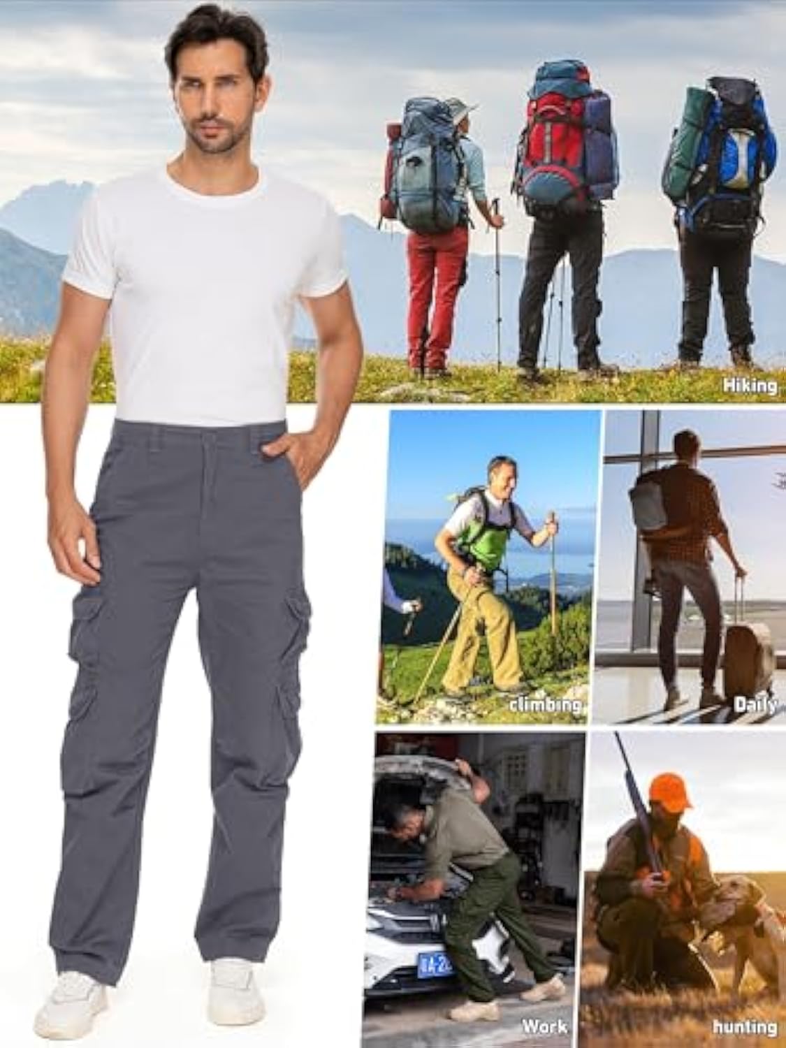 Men's Cargo Pants Cotton Ripstop Hiking Work Pants Comfort Casual Outdoor Pants with Multi Pockets