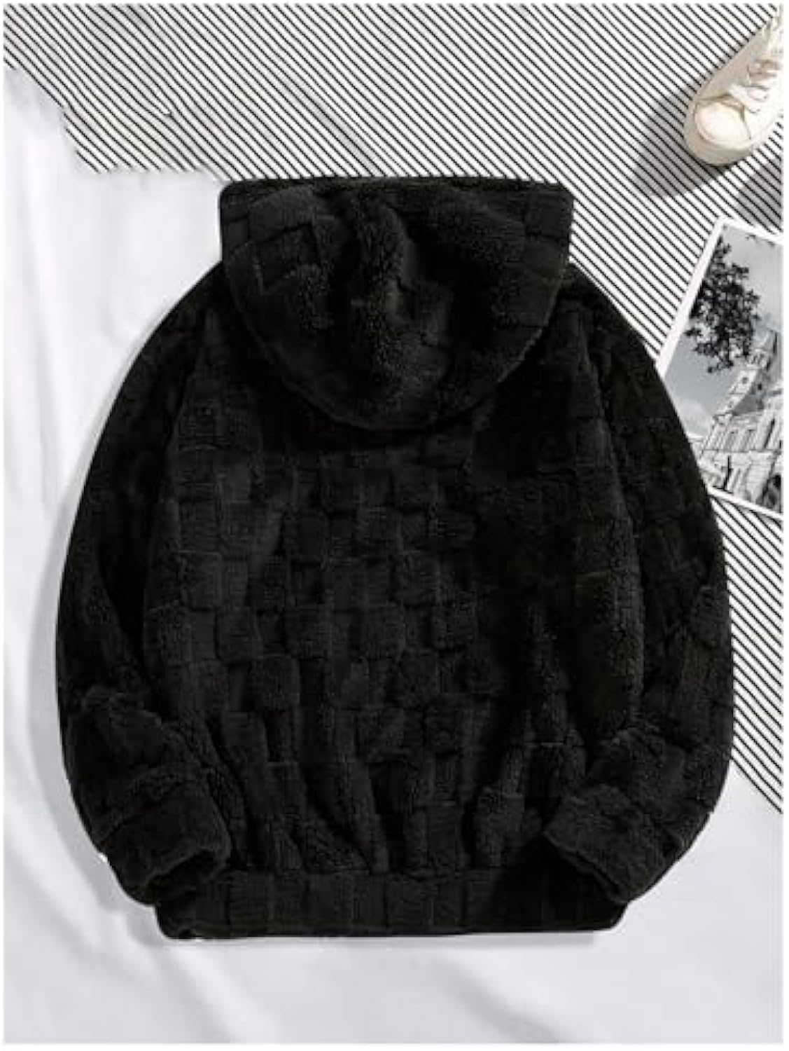Hoodies for Men Letter Graphic Pullover Hoodie Sherpa Embroidery Long Sleeve Fleece Hooded Sweatshirt